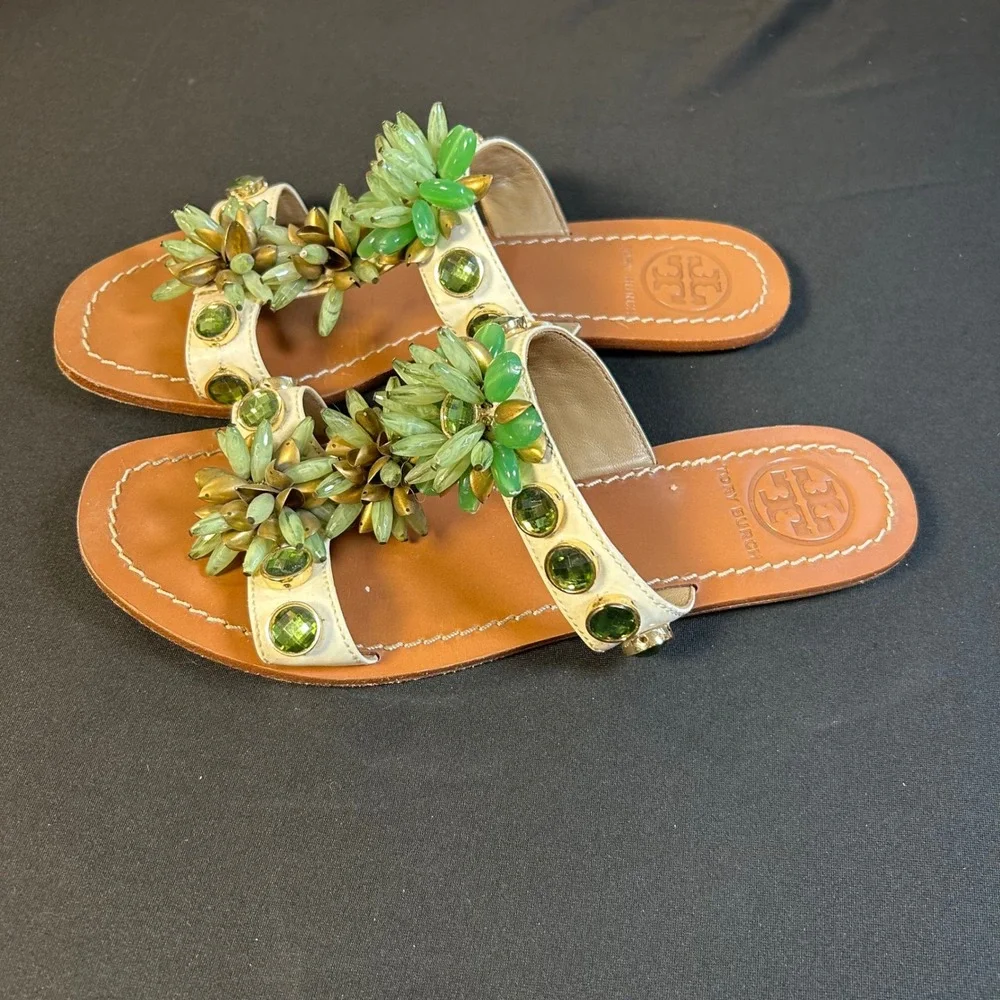 Tory Burch white patent leather green floral gemstone embellished slide sandals